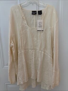 Crossing Pointe Cream Lace-Trim Embroidered Tunic Top